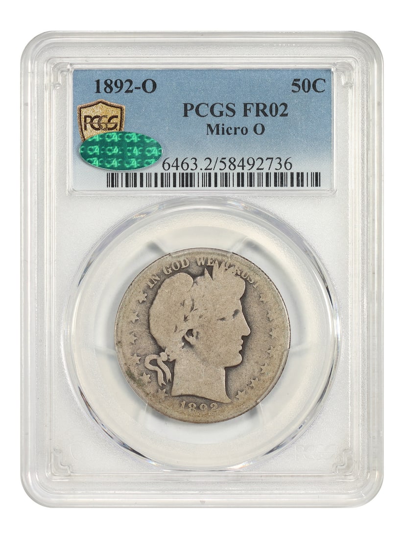 PCGS CAC Fair 02 1892 O Barber Half Dollar Micro O 50C: PCGS CAC Fair 02 1892 O Barber Half Dollar Micro O 50C This 1892-O Barber Half Dollar is a circulated 50C coin certified by PCGS and noted as a Micro O variety. It is graded Fair 02 and carries a CAC 