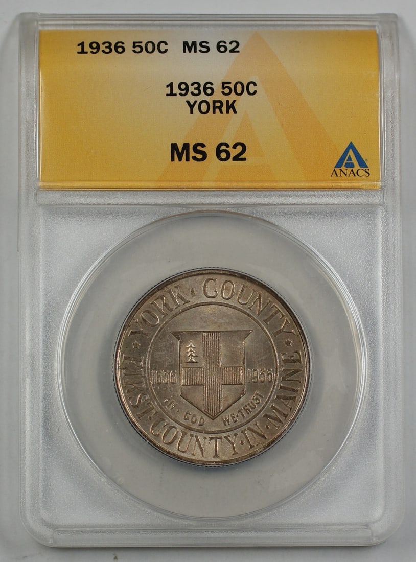 1936 York County Silver Half Dollar ANACS MS 62 Lightly Toned Coin: 1936 York County Silver Half Dollar ANACS MS 62 Lightly Toned Coin This is a 1936 York County Commemorative Silver Half Dollar graded MS 62 by ANACS. The coin features light toning on both the obverse