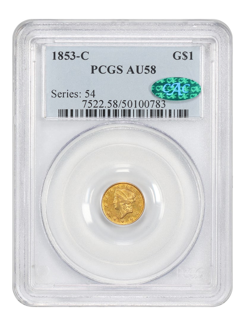 1853-C Charlotte Gold Dollar PCGS CAC AU58 G$1 Coin: 1853-C Charlotte Gold Dollar PCGS CAC AU58 G$1 Coin 1853 Charlotte Gold Dollar certified by PCGS with CAC approval and graded AU58. This circulated piece comes from a mintage of only 11,515 coins stru