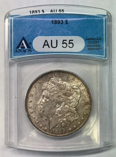 ANACS AU55 1893 Morgan silver dollar: ANACS AU55 1893 Morgan silver dollar This is an 1893 Morgan Silver Dollar graded AU-55 by ANACS. The coin is composed of silver and was minted in the USA. It is a pre-owned collectible with certificat