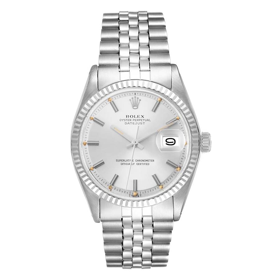 Rolex Datejust Fluted Bezel Silver Stick Dial Jubilee Bracelet Ref 1601 4: Rolex Datejust Fluted Bezel Silver Stick Dial Jubilee Bracelet Ref 1601 4 This Rolex Datejust features a silver stick dial and is paired with a D-Link Jubilee bracelet. The watch is equipped with a fl