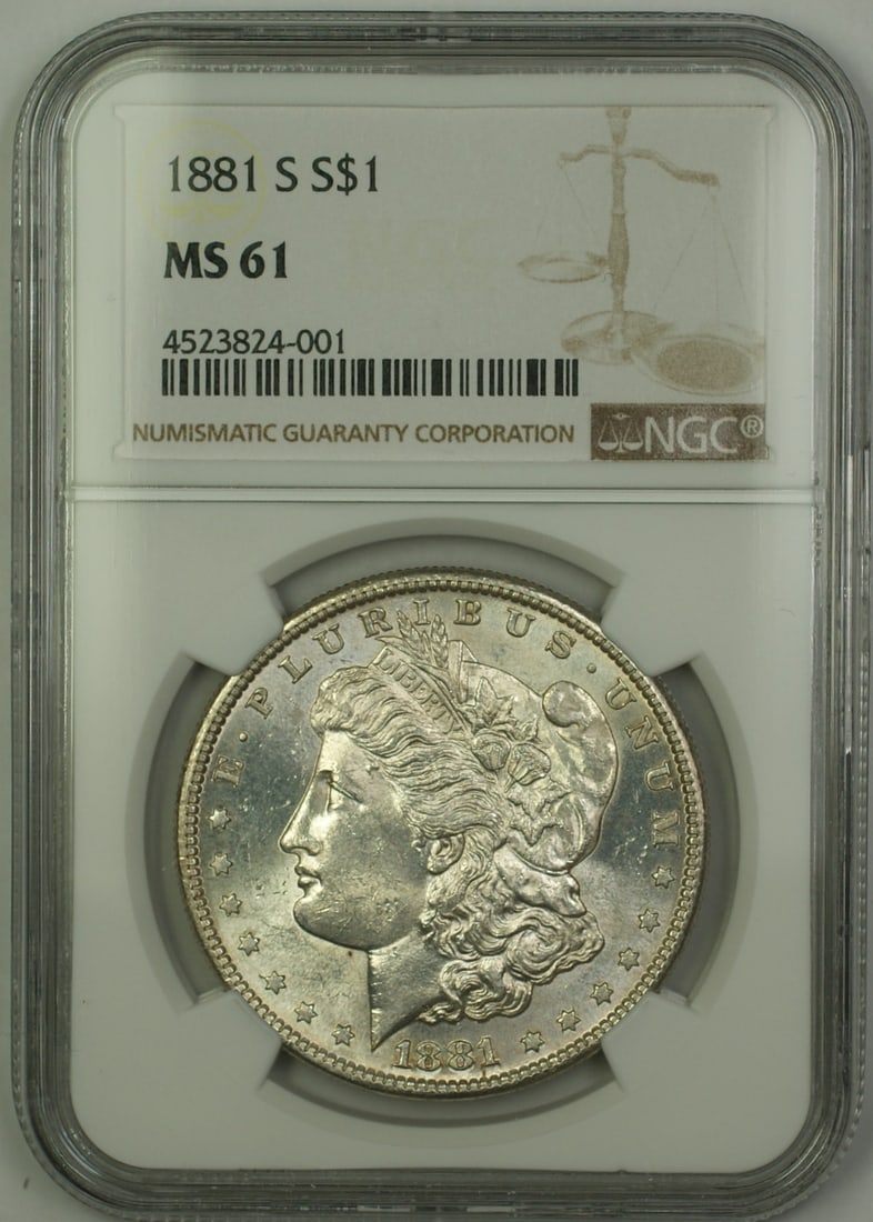NGC MS-61 1881-S Morgan Dollar Silver Coin San Francisco Mint: NGC MS-61 1881-S Morgan Dollar Silver Coin San Francisco Mint The 1881-S Morgan Silver Dollar is an uncirculated coin graded MS-61 by NGC. Minted in San Francisco, this collectible coin is composed of