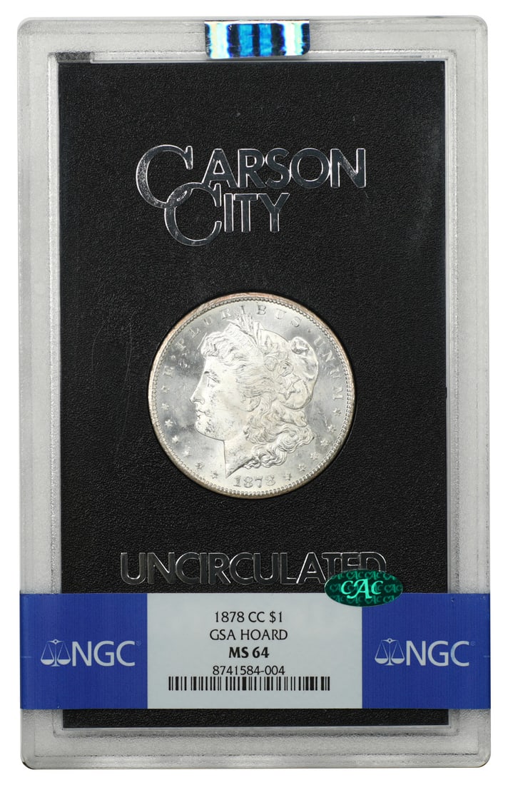 1878 Carson City Morgan Dollar NGC MS64 CAC GSA Holder: 1878 Carson City Morgan Dollar NGC MS64 CAC GSA Holder An 1878 Carson City Morgan Dollar $1, certified by NGC and graded MS64 with CAC approval. This ever-popular CC-Mint GSA example is housed in the 