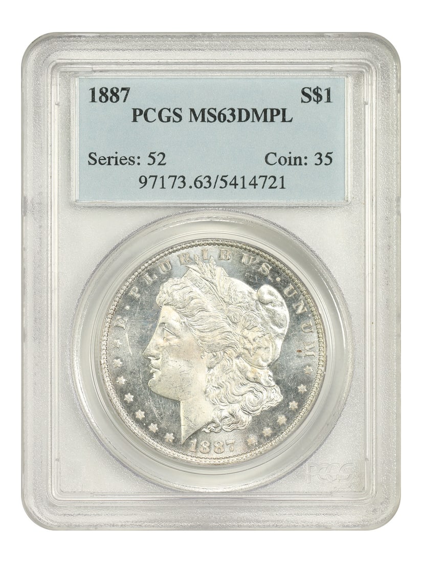 1887 Morgan Dollar $1 PCGS MS63DMPL Philadelphia: 1887 Morgan Dollar $1 PCGS MS63DMPL Philadelphia 1887 Morgan Dollar $1 coin from the Philadelphia Mint, graded MS63DMPL by PCGS. The coin is uncirculated and pre-owned, with certification number 05414
