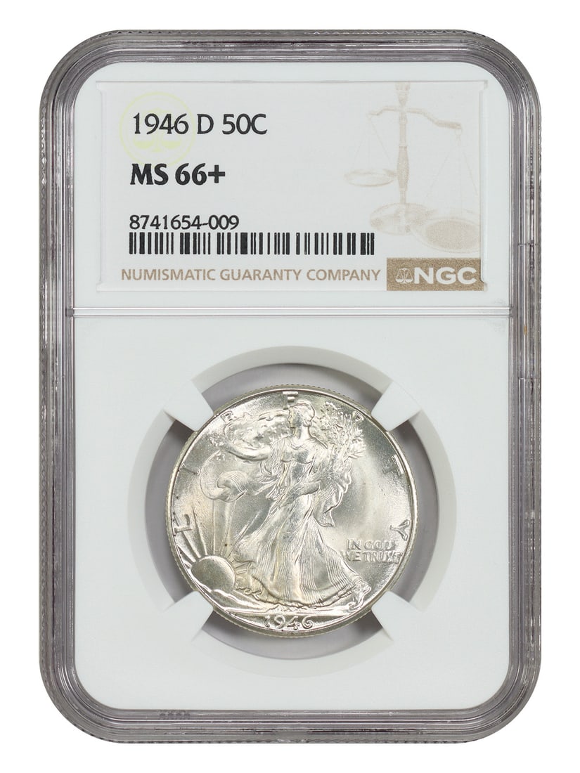 NGC MS66+ 1946-D Walking Liberty 50C Half Dollar: NGC MS66+ 1946-D Walking Liberty 50C Half Dollar 1946-D Walking Liberty Half Dollar, denomination 50C, graded MS66+ by NGC. This uncirculated coin is from the Denver mint and is listed as pre-owned. S