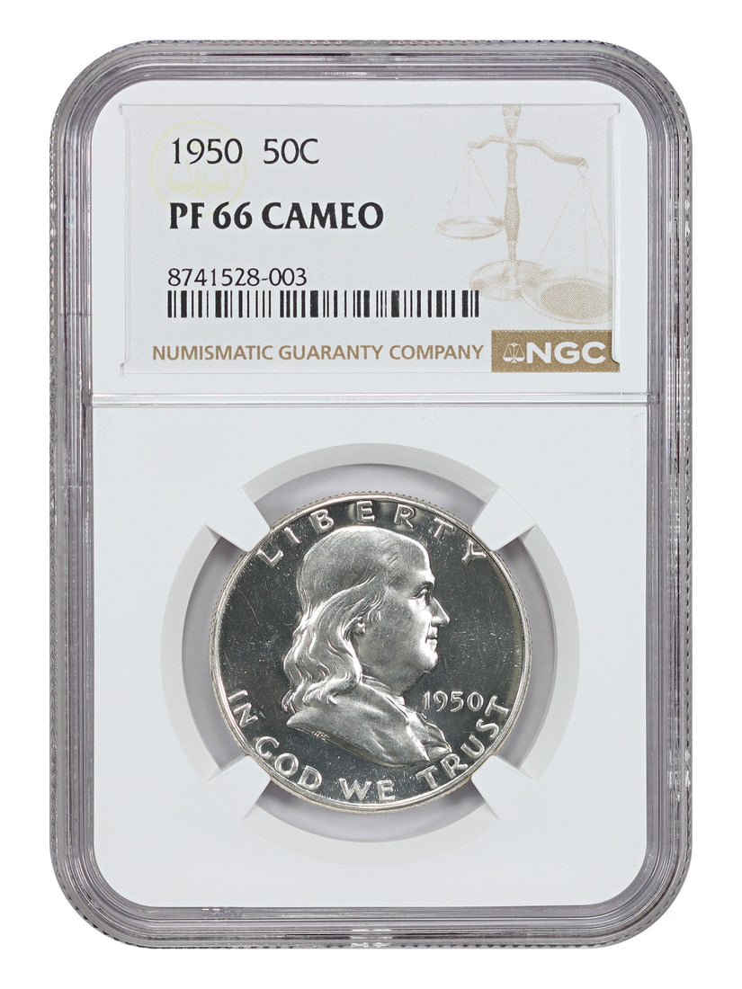 NGC PR66CAM 1950 Franklin Half Dollar 50C Cameo Proof: NGC PR66CAM 1950 Franklin Half Dollar 50C Cameo Proof 1950 Franklin Half Dollar, 50C, graded NGC PR66CAM. This Philadelphia proof issue is described as a popular first-year Franklin proof from a low m