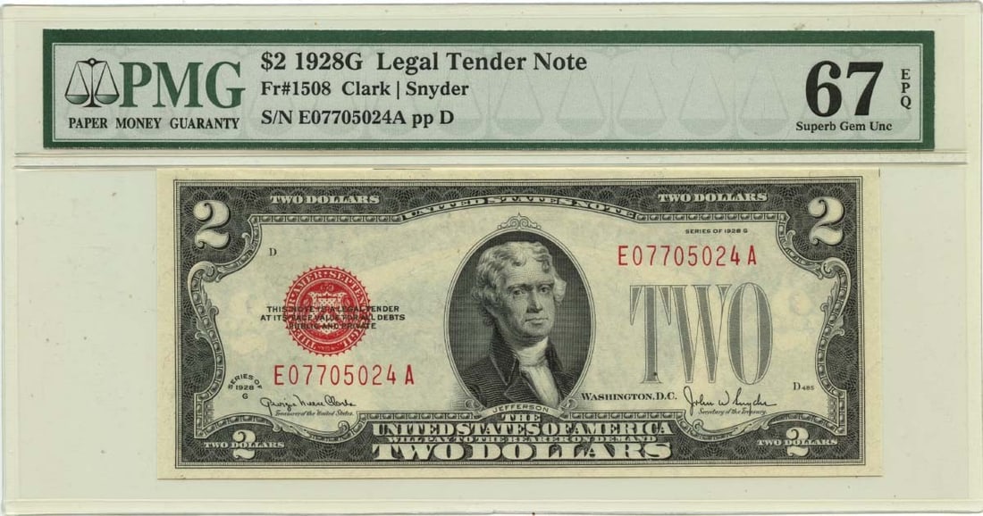 1928G $2 United States Legal Tender Note PMG Superb GEM 67 EPQ: 1928G $2 United States Legal Tender Note PMG Superb GEM 67 EPQ This is a 1928 $2 Legal Tender Note from the United States, graded PMG Superb GEM 67 EPQ. The note is uncirculated and has been certified
