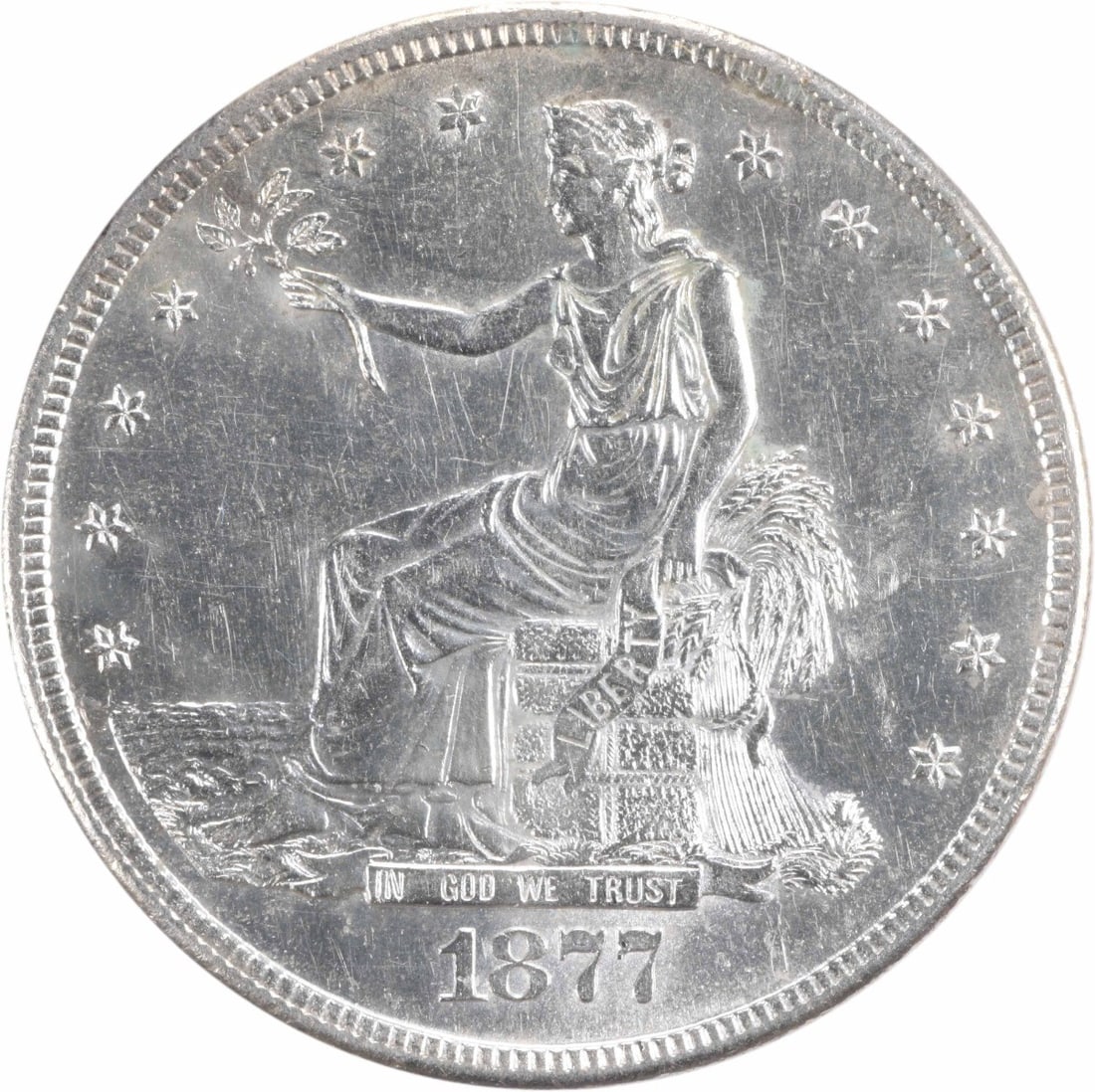 1877-S Silver Trade Dollar BU Uncertified: 1877-S Silver Trade Dollar BU Uncertified This 1877 Trade Dollar from the United States is composed of silver and remains in Brilliant Uncirculated (BU) condition. The coin is uncertified and features