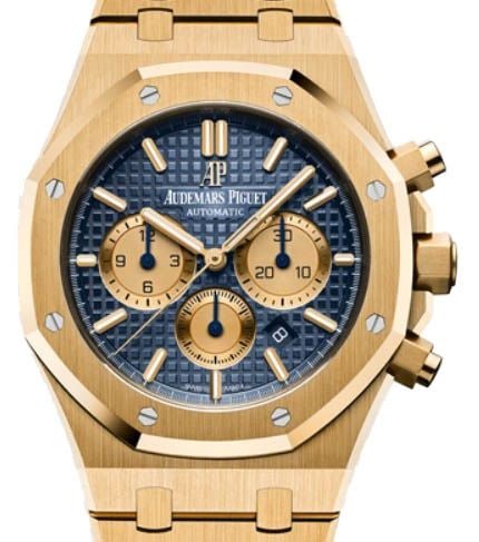 Audemars Piguet 26331BA.OO.1220BA.01 Royal Oak Chronograph Blue Dial Gold Watch: Audemars Piguet 26331BA.OO.1220BA.01 Royal Oak Chronograph Blue Dial Gold Watch Audemars Piguet Royal Oak Selfwinding Chronograph wristwatch featuring a blue dial, fixed bezel, and yellow gold bracele