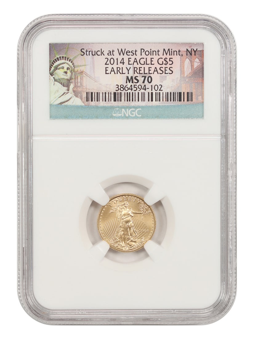 NGC MS70 Early Releases 2014 W $5 Gold Eagle Coin: NGC MS70 Early Releases 2014 W $5 Gold Eagle Coin 2014 $5 Gold Eagle certified by NGC and graded MS70 with Early Releases designation. The coin is listed as pre-owned and was minted in Philadelphia. S