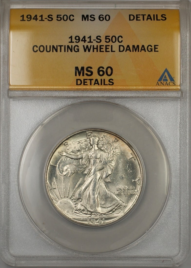 ANACS MS 60 1941-S Walking Liberty half dollar: ANACS MS 60 1941-S Walking Liberty half dollar This is a 1941-S Walking Liberty Silver Half Dollar graded MS 60 by ANACS. The coin is uncirculated and was minted in San Francisco. It is composed of si