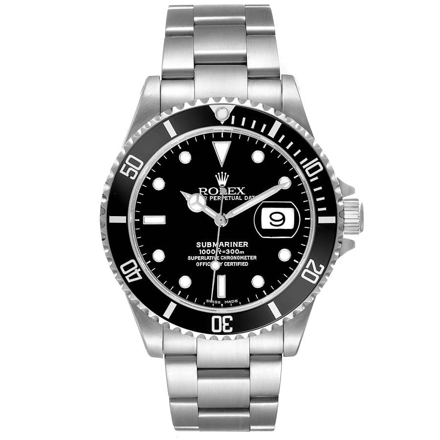 Rolex Submariner Reference 16610 Men's Watch Black Dial Oyster Bracelet With Papers 2006: Rolex Submariner Reference 16610 Men's Watch Black Dial Oyster Bracelet With Papers 2006 This Rolex Submariner features a black dial and an aluminum bezel, complemented by an Oyster bracelet. The watc