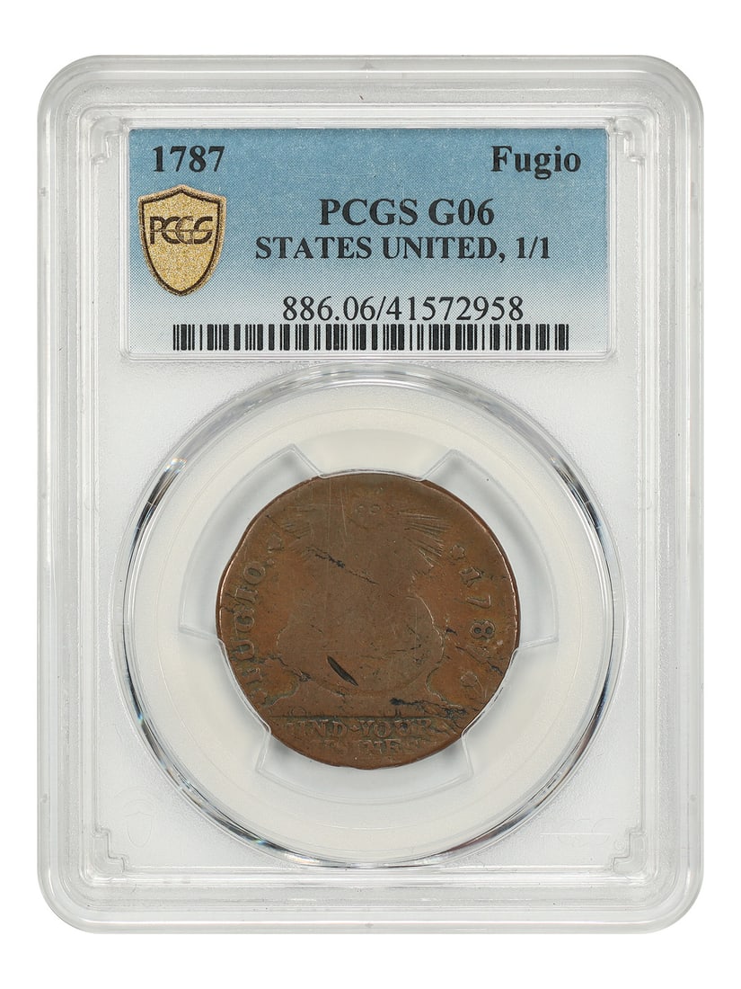 1787 Fugio Cent PCGS Good 06 States United 1 1 Colonial Coin: 1787 Fugio Cent PCGS Good 06 States United 1 1 Colonial Coin 1787 Fugio Cent graded PCGS Good 06. The coin is listed as BN, was minted in Philadelphia, and is circulated. Certification number 41572958