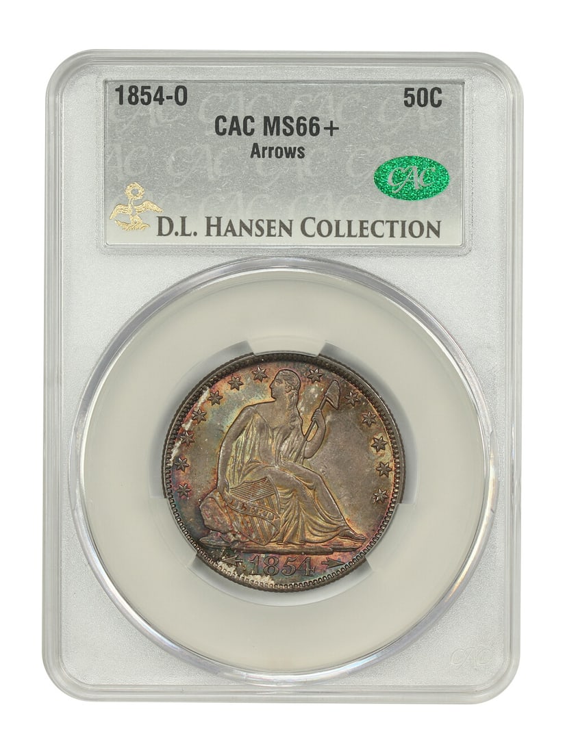 1854-O Liberty Seated Half Dollar 50C MS66+ CACG Arrows ex D.L. Hansen: 1854-O Liberty Seated Half Dollar 50C MS66+ CACG Arrows ex D.L. Hansen 1854-O Liberty Seated Half Dollar, 50C, graded MS66+ by CACG. This New Orleans issue is noted as the only MS66+ graded example, w