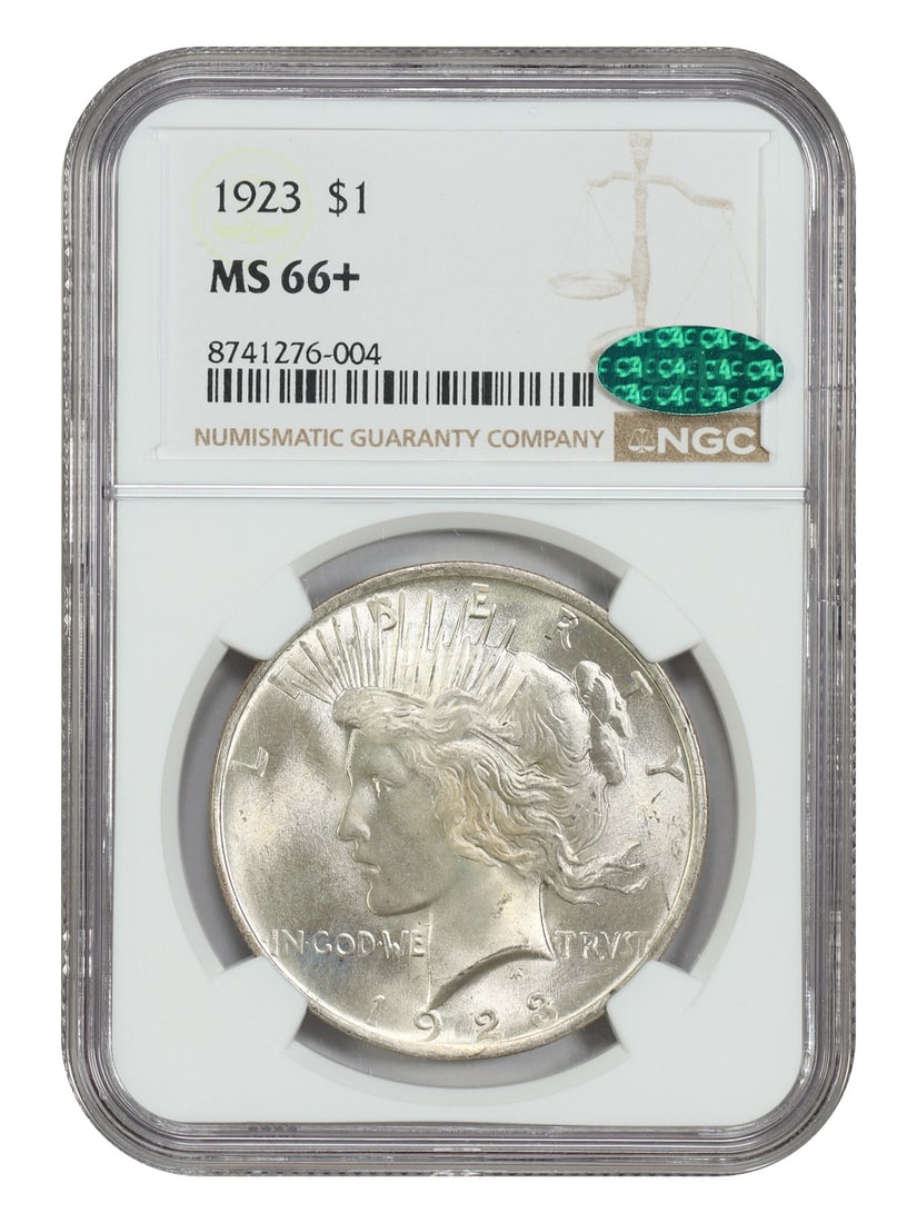 1923 Peace Dollar $1 NGC MS66+ CAC: 1923 Peace Dollar $1 NGC MS66+ CAC A 1923 Peace Dollar graded MS66+ by NGC with CAC approval. The coin has a denomination of $1 and was minted in Philadelphia. It is certified with certification numbe