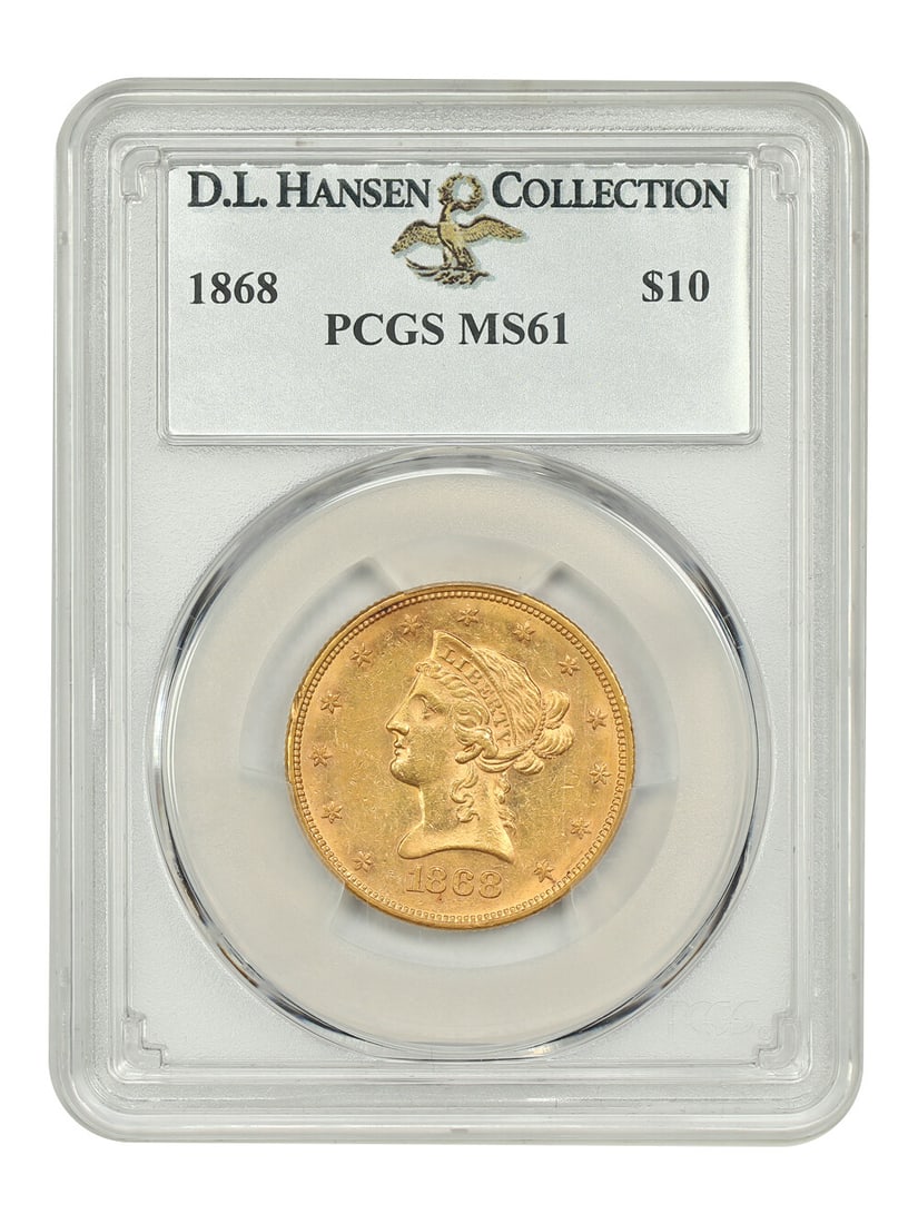 1868 Liberty Head $10 Gold Coin PCGS MS61 Rare Uncirculated: 1868 Liberty Head $10 Gold Coin PCGS MS61 Rare Uncirculated This 1868 Liberty Head $10 gold coin is a remarkable piece, certified by PCGS with a grade of MS61, indicating uncirculated condition. Origi
