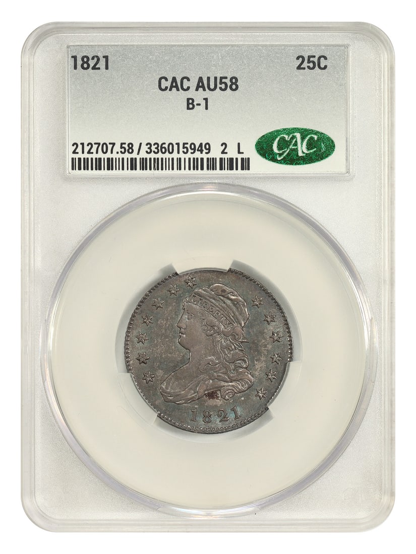 CACG AU58 1821 Capped Bust Quarter 25C B-1 Variety: CACG AU58 1821 Capped Bust Quarter 25C B-1 Variety An 1821 Capped Bust Quarter, denomination 25C, certified by CACG and graded AU58. It is a B-1 variety, one of six known for the date, and a Rarity 2 