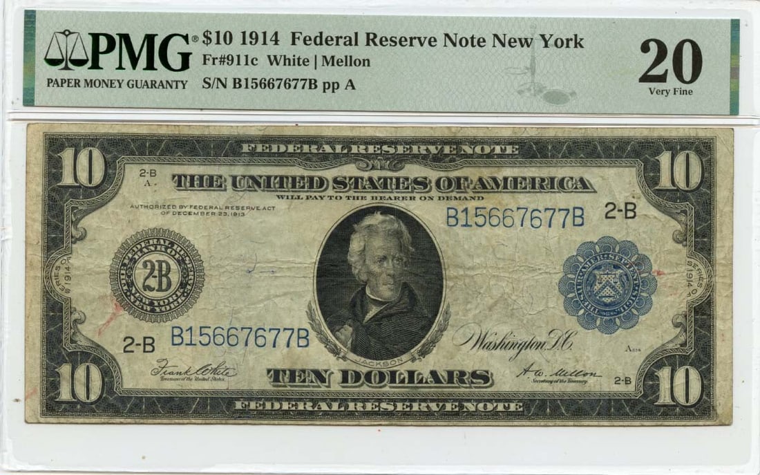 1914 $10 Federal Reserve Note Fr# 911c PMG VF20 New York: 1914 $10 Federal Reserve Note Fr# 911c PMG VF20 New York This 1914 $10 Federal Reserve Note from New York, cataloged as Fr# 911c, is certified by PMG with a grade of VF20. The note has been circulated