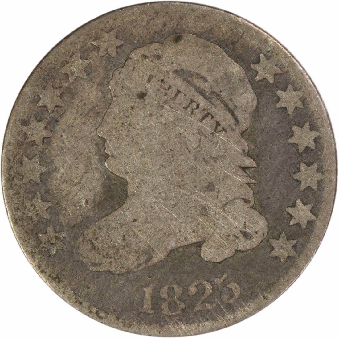 1825 Capped Bust Dime Philadelphia 10C Silver Circulated Uncertified: 1825 Capped Bust Dime Philadelphia 10C Silver Circulated Uncertified This 1825 Capped Bust silver dime was minted in Philadelphia and features the design by John Reich. The coin is composed of 89.2% s