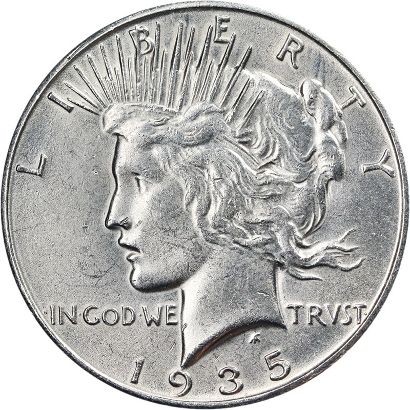 1935-S Silver Peace Dollar BU+ Superb Strike: 1935-S Silver Peace Dollar BU+ Superb Strike This 1935-S Peace Dollar is an uncirculated silver coin featuring superb eye appeal, fantastic luster, and a well-defined strike. The coin displays great c