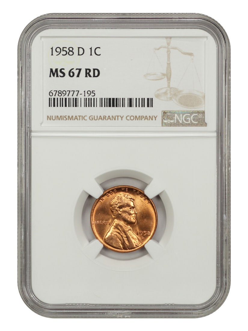 1958-D Lincoln Cent MS67RD NGC Uncirculated Wheat Reverse Coin: 1958-D Lincoln Cent MS67RD NGC Uncirculated Wheat Reverse Coin This 1958-D Lincoln Cent, graded MS67RD by NGC, represents an exceptional example of the Wheat Reverse series. The coin is in uncirculate