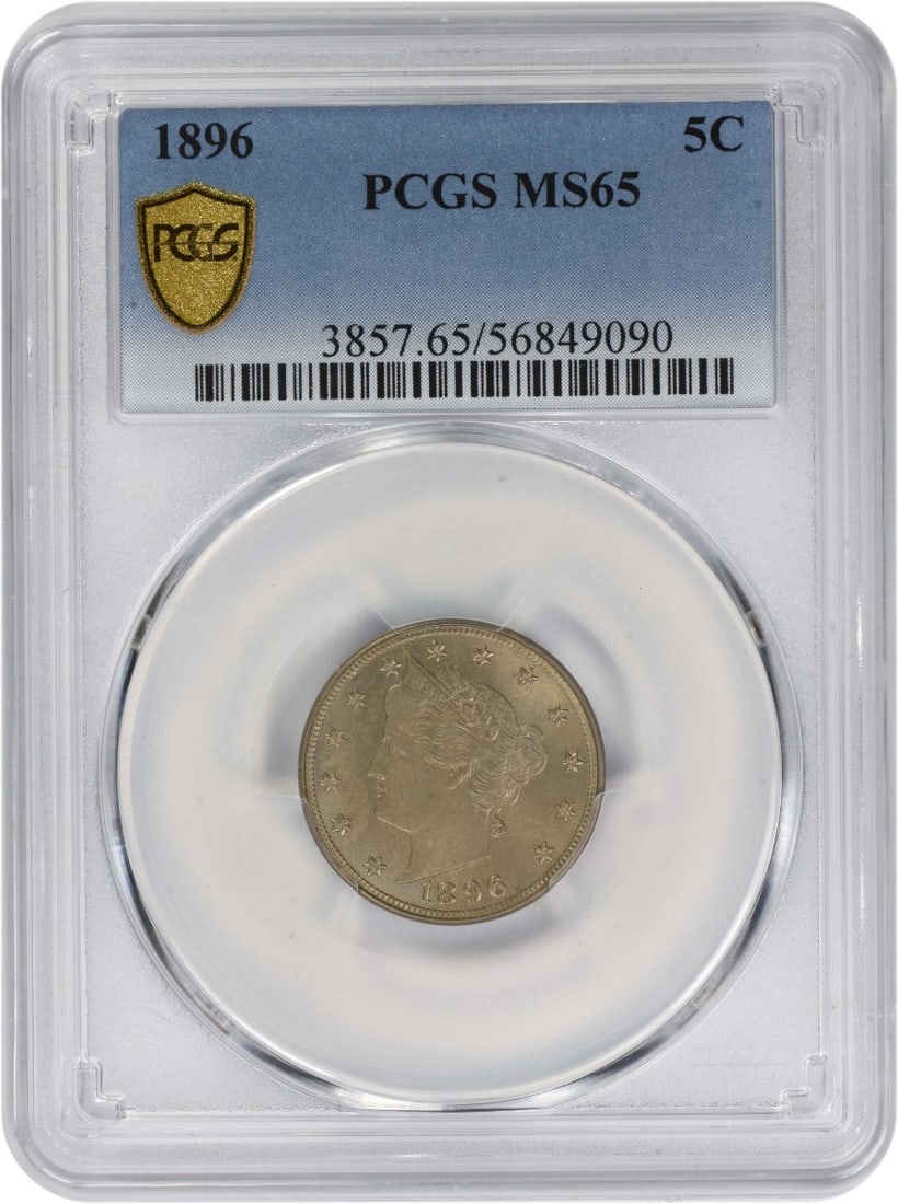 MS65 PCGS Graded 1896 Liberty Five Cent Coin United States: MS65 PCGS Graded 1896 Liberty Five Cent Coin United States This 1896 Liberty Nickel is graded MS65 by PCGS, indicating an uncirculated coin in excellent condition. Struck in Philadelphia, the coin is 