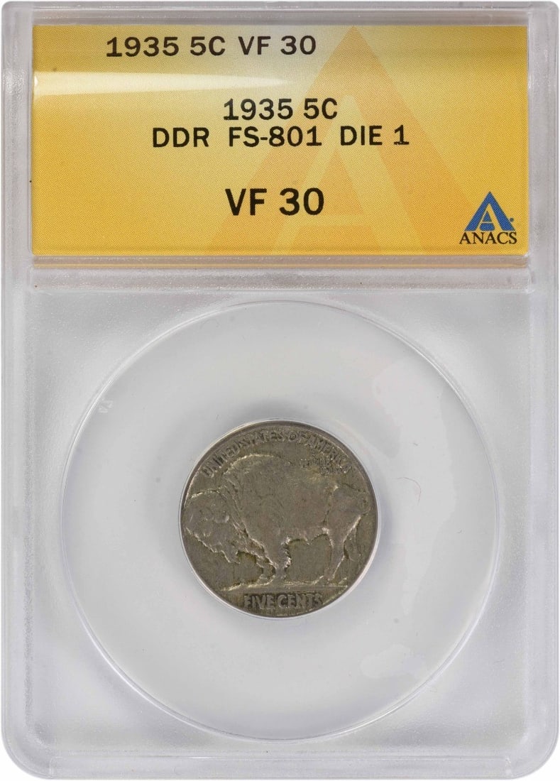 1935 Buffalo Nickel Double Die Reverse ANACS VF30 Certified: 1935 Buffalo Nickel Double Die Reverse ANACS VF30 Certified This 1935 Buffalo Nickel features the Doubled Die Reverse (DDR) FS-801 variety and is graded VF30 by ANACS. It was minted in Philadelphia an