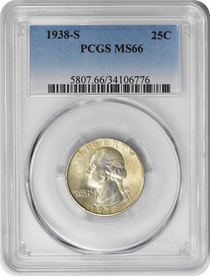 1938-S Washington Quarter MS66 PCGS Uncirculated Silver Coin: 1938-S Washington Quarter MS66 PCGS Uncirculated Silver Coin This 1938-S Washington Silver Quarter is a stunning example of numismatic artistry, graded MS66 by PCGS, indicating its exceptional quality