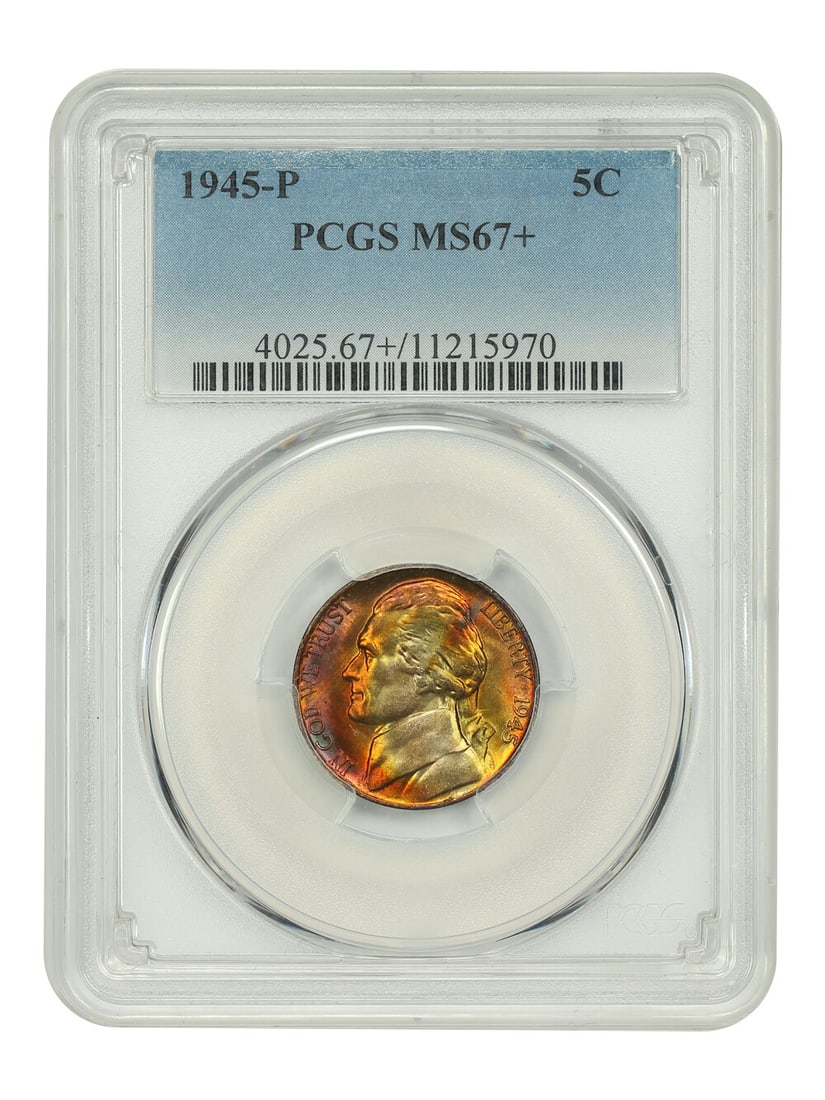 Jefferson Nickel 1945-P 5C PCGS MS67+: Jefferson Nickel 1945-P 5C PCGS MS67+ A 1945-P Jefferson Nickel graded MS67+ by PCGS. This uncirculated coin is described as sharp and virtually pristine, with satiny mint luster and warm orange, emer