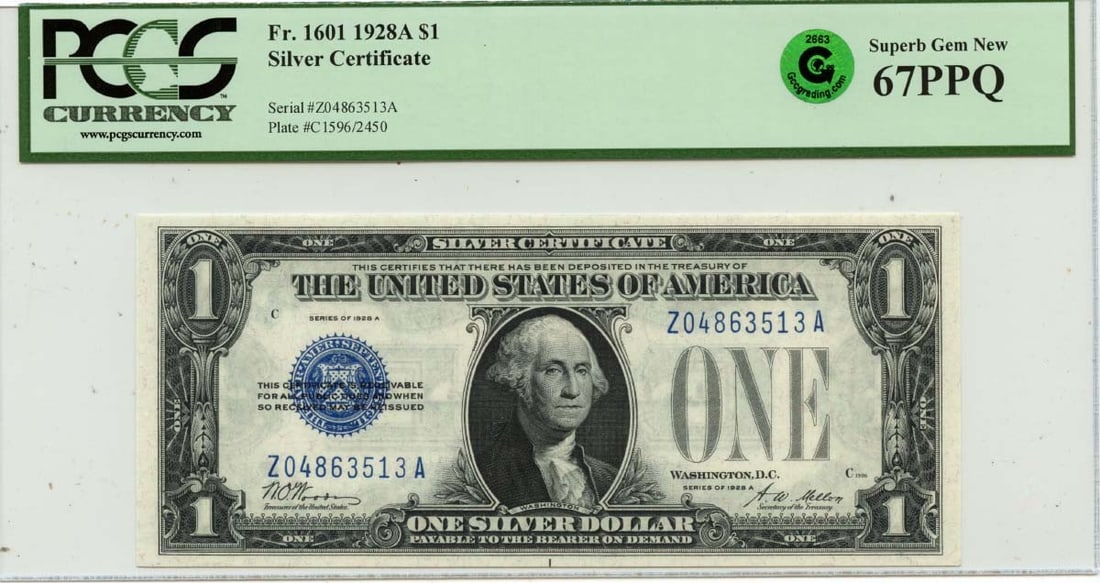 PCGS MS67 1928A Silver Certificate FR1601 with Green Seal: PCGS MS67 1928A Silver Certificate FR1601 with Green Seal This 1928A $1 Silver Certificate is graded MS67 by PCGS Currency, indicating a superb gem, uncirculated condition. The note features the GCC G