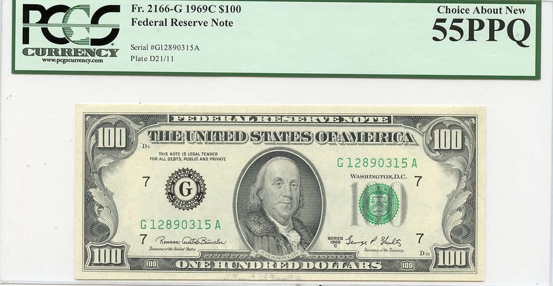 1969 $100 Federal Reserve Note FR#2166-C PCGS AU55 Certified: 1969 $100 Federal Reserve Note FR#2166-C PCGS AU55 Certified This 1969 $100 Federal Reserve Note, designated as FR#2166-C, is certified by PCGS Currency with a certification number of 80766181. Graded