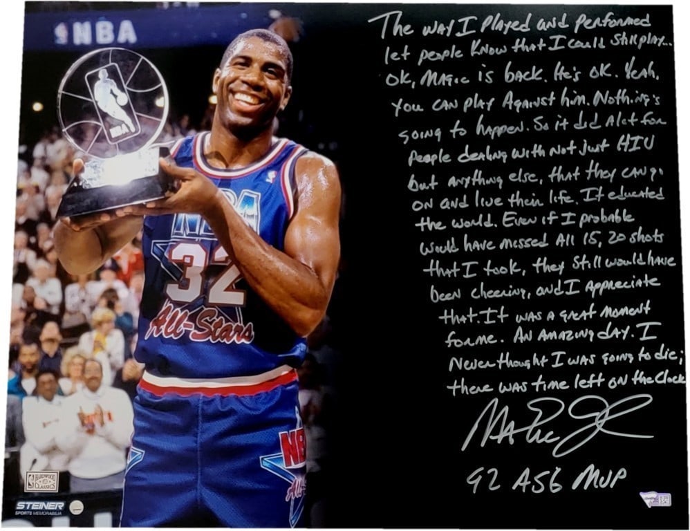Magic Johnson Hand Signed 16x20 Photo with 1992 ASG Story Beckett Authenticated: Magic Johnson Hand Signed 16x20 Photo with 1992 ASG Story Beckett Authenticated Celebrate the legacy of Magic Johnson with this remarkable hand-signed 16x20 photo from the 1992 All-Star Game. The phot