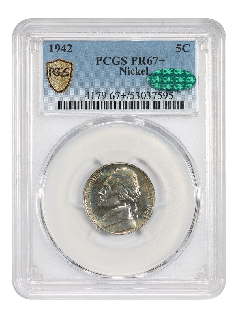 PCGS CAC 1942 Jefferson Nickel PR67+ Type 1: PCGS CAC 1942 Jefferson Nickel PR67+ Type 1 This is a 1942 Jefferson Nickel with a denomination of 5 cents, graded PR67+ by PCGS and recognized by CAC. The coin is uncirculated and features a proof st