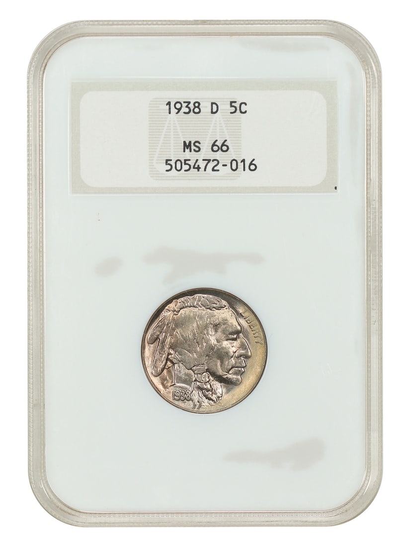 NGC MS66 1938-D Buffalo Nickel 5C Denver Mint: NGC MS66 1938-D Buffalo Nickel 5C Denver Mint 1938-D Buffalo Nickel graded MS66 by NGC with an OH designation. This uncirculated 5C coin is from the Denver mint and is part of the Buffalo Nickel serie