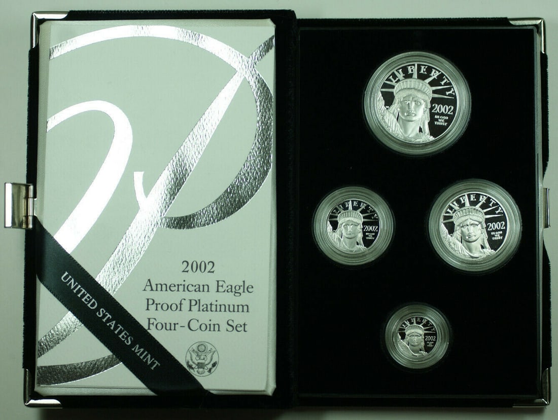 2002 Platinum American Eagle Proof Set of Four Coins with Box and COA: 2002 Platinum American Eagle Proof Set of Four Coins with Box and COA This is a 2002 American Eagle Platinum Proof 4 coin set from the United States. The set is uncirculated and comes in its original 