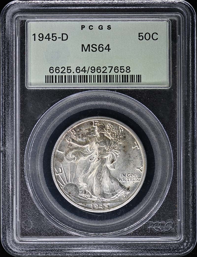 1945-D Walking Liberty Half Dollar PCGS MS64 Uncirculated: 1945-D Walking Liberty Half Dollar PCGS MS64 Uncirculated This 1945-D Walking Liberty Half Dollar is a stunning example of American coinage, certified by PCGS with a grade of MS64, indicating its unci