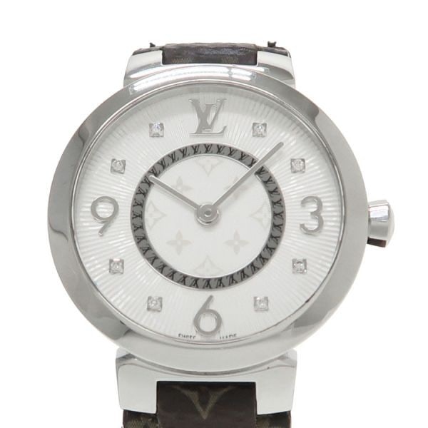Louis Vuitton Tambour Slim Q12MG 27mm Women's Quartz Watch: Louis Vuitton Tambour Slim Q12MG 27mm Women's Quartz Watch The Louis Vuitton Tambour Slim 27mm Q12MG women's watch features a stainless steel case with a refined silver dial adorned with a monogram pa