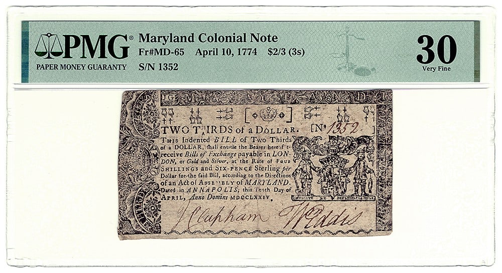 1774 Maryland Colonial Note $2/3 PMG VF30 Certified: 1774 Maryland Colonial Note $2/3 PMG VF30 Certified This Maryland Colonial Note, dated April 10, 1774, features a denomination of $2/3 (3 Shillings) and is certified by PMG with a grade of VF30. The n