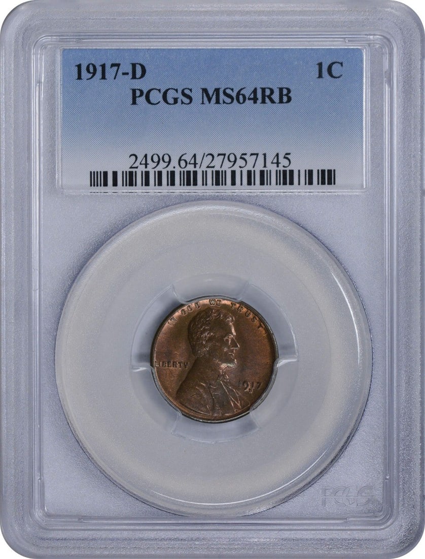 1917-D Lincoln Cent MS64RB PCGS Uncirculated Copper Coin: 1917-D Lincoln Cent MS64RB PCGS Uncirculated Copper Coin This 1917-D Lincoln Cent is a remarkable piece certified by PCGS with a grade of MS64RB. Minted in Denver, this uncirculated coin features the 