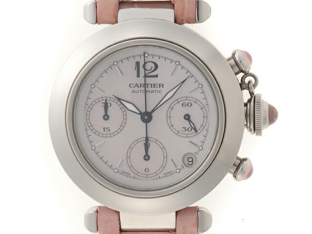 Cartier W3106599 Pasha C Chronograph Womens SS Pink Shell Wristwatch: Cartier W3106599 Pasha C Chronograph Womens SS Pink Shell Wristwatch Cartier Pasha C Chrono 2003 Christmas Limited wristwatch with a pink shell dial and stainless steel case. This pre-owned women's wa