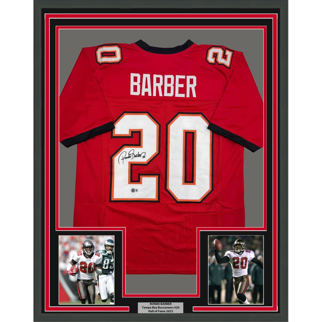 Ronde Barber Signed Tampa Bay Jersey Display 35x39 With Beckett Authentication: Ronde Barber Signed Tampa Bay Jersey Display 35x39 With Beckett Authentication This professionally framed and matted display features a Ronde Barber Tampa Bay Buccaneers red jersey, autographed and au