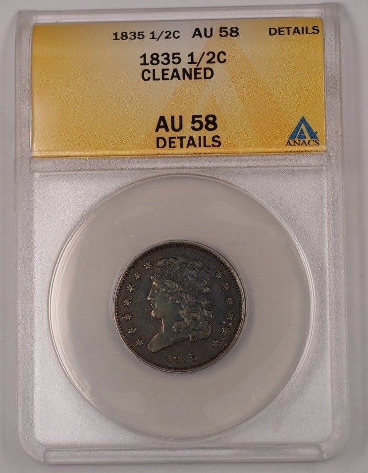 1835 Classic Head Half Cent Copper ANACS AU-58 Details Cleaned: 1835 Classic Head Half Cent Copper ANACS AU-58 Details Cleaned This 1835 United States Classic Head Half Cent features the Classic Head design and was minted in Philadelphia. Certified by ANACS with a