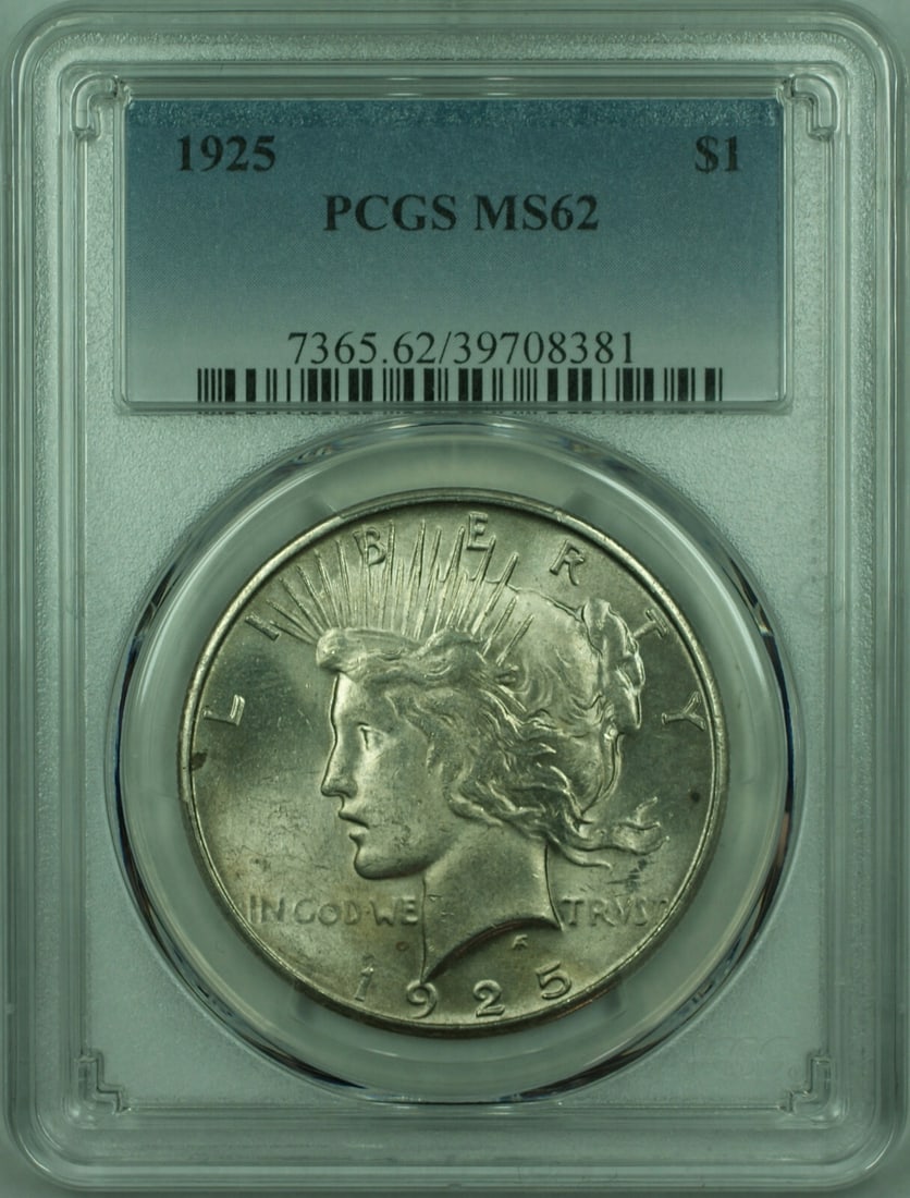 PCGS MS-62 1925 Peace Dollar Silver Coin: PCGS MS-62 1925 Peace Dollar Silver Coin This 1925 Peace Silver Dollar features a $1 denomination and is composed of silver with a fineness of 0.9. Certified by PCGS with a grade of MS-62, this uncirc