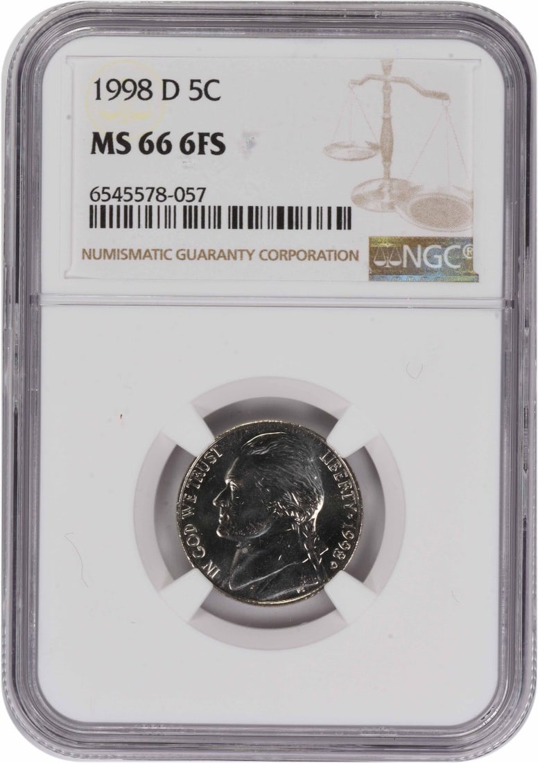 NGC MS66 6FS 1998 Denver Jefferson Five Cent Uncirculated Coin: NGC MS66 6FS 1998 Denver Jefferson Five Cent Uncirculated Coin This is a 1998-D Jefferson Nickel certified by NGC with a grade of MS66 and featuring 6 Full Steps. The coin is uncirculated and minted i