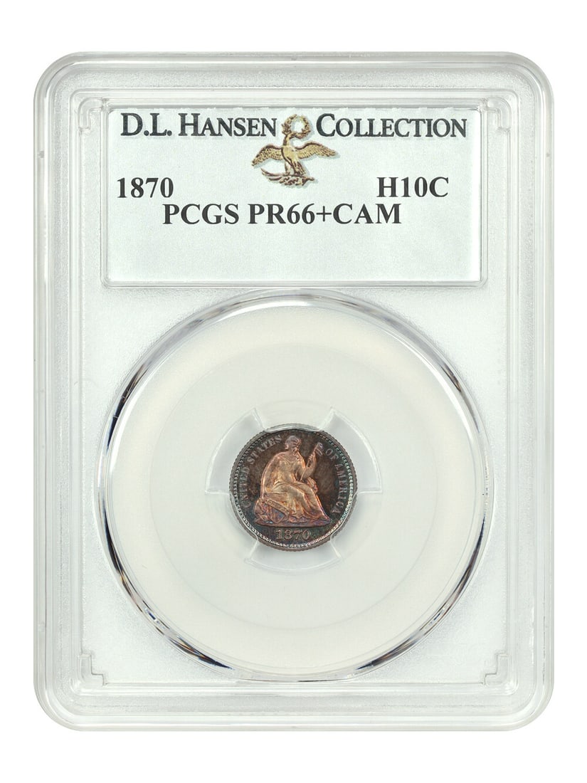 1870 H10C Liberty Seated Half Dime PR66+CAM PCGS Certified: 1870 H10C Liberty Seated Half Dime PR66+CAM PCGS Certified This stunning 1870 H10C is graded PR66+CAM by PCGS, representing one of only 1,000 proof strikes. It features a captivating contrast with dee