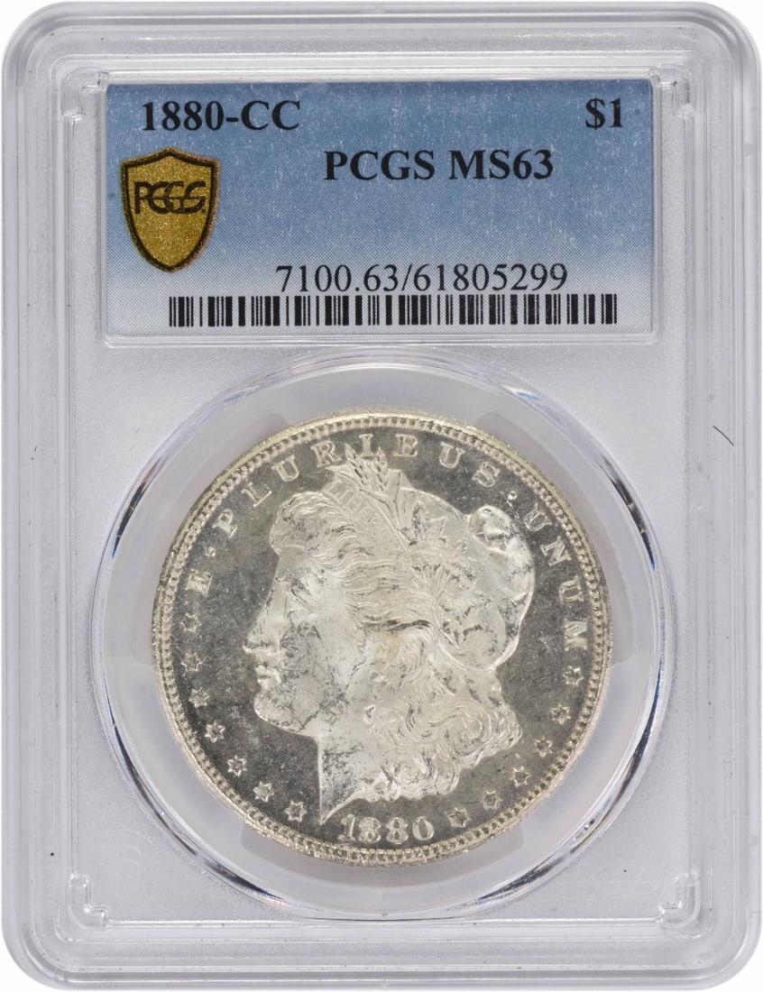 PCGS MS63 1880 CC Morgan Dollar: PCGS MS63 1880 CC Morgan Dollar This 1880-CC Morgan Silver Dollar is graded MS63 by PCGS and is composed of 90% silver and 10% copper. Minted in Carson City, this uncirculated coin features the iconic