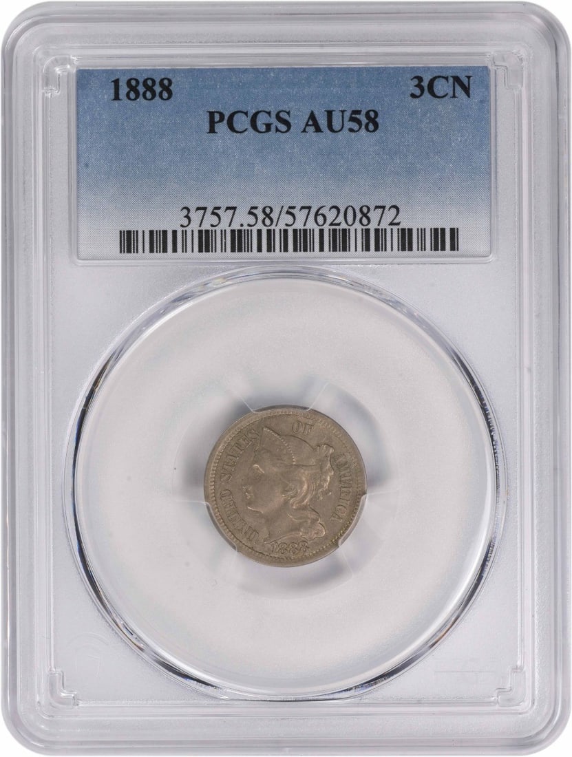 1888 Three Cent Nickel AU58 PCGS James Barton Longacre: 1888 Three Cent Nickel AU58 PCGS James Barton Longacre This 1888 Three Cent Nickel coin, graded AU58 by PCGS, is a remarkable piece from the Philadelphia mint. With a composition of 75% copper and 25%