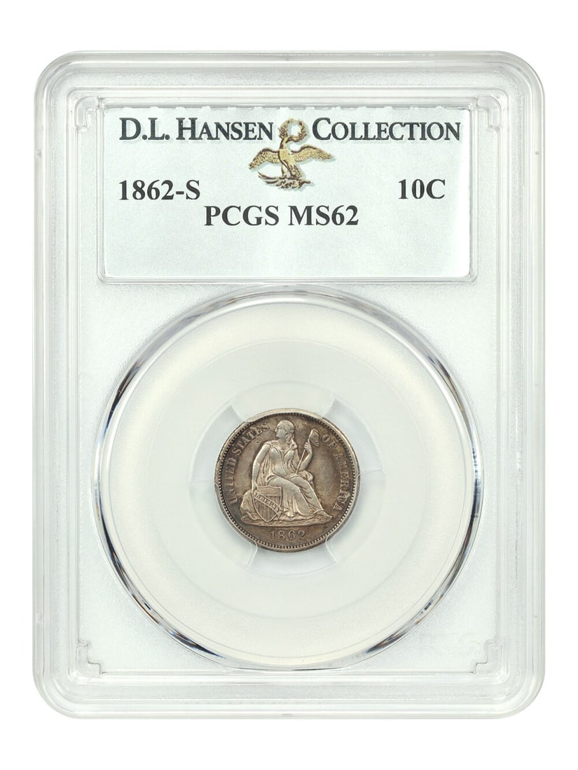 Liberty Seated Dime 1862-S 10C PCGS MS62 ex D.L. Hansen: Liberty Seated Dime 1862-S 10C PCGS MS62 ex D.L. Hansen 1862-S Liberty Seated Dime graded PCGS MS62 and certified by PCGS. The coin is an uncirculated example with satiny surfaces, rich deep blue-grey