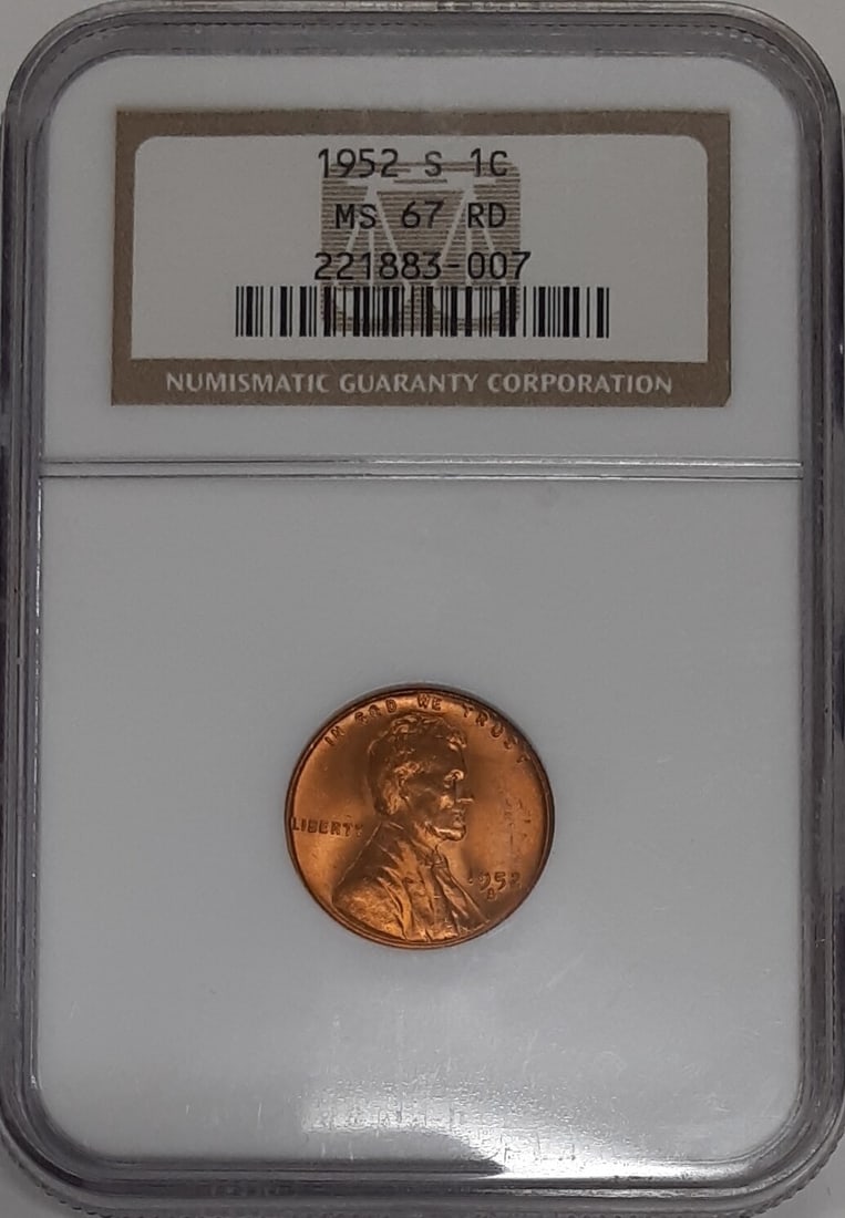 NGC MS-67 RD 1952-S Lincoln Wheat Copper Small Cent (1 of 2)