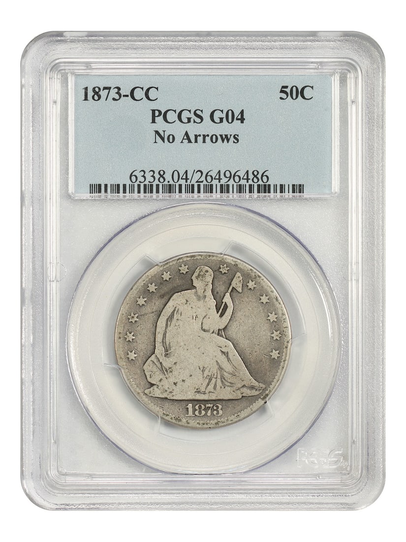 1873 Carson City Liberty Seated Half Dollar 50C PCGS Good 04 No Arrows: 1873 Carson City Liberty Seated Half Dollar 50C PCGS Good 04 No Arrows 1873-CC Liberty Seated Half Dollar, denomination 50C, struck at the Carson City Mint. This circulated coin is certified by PCGS a